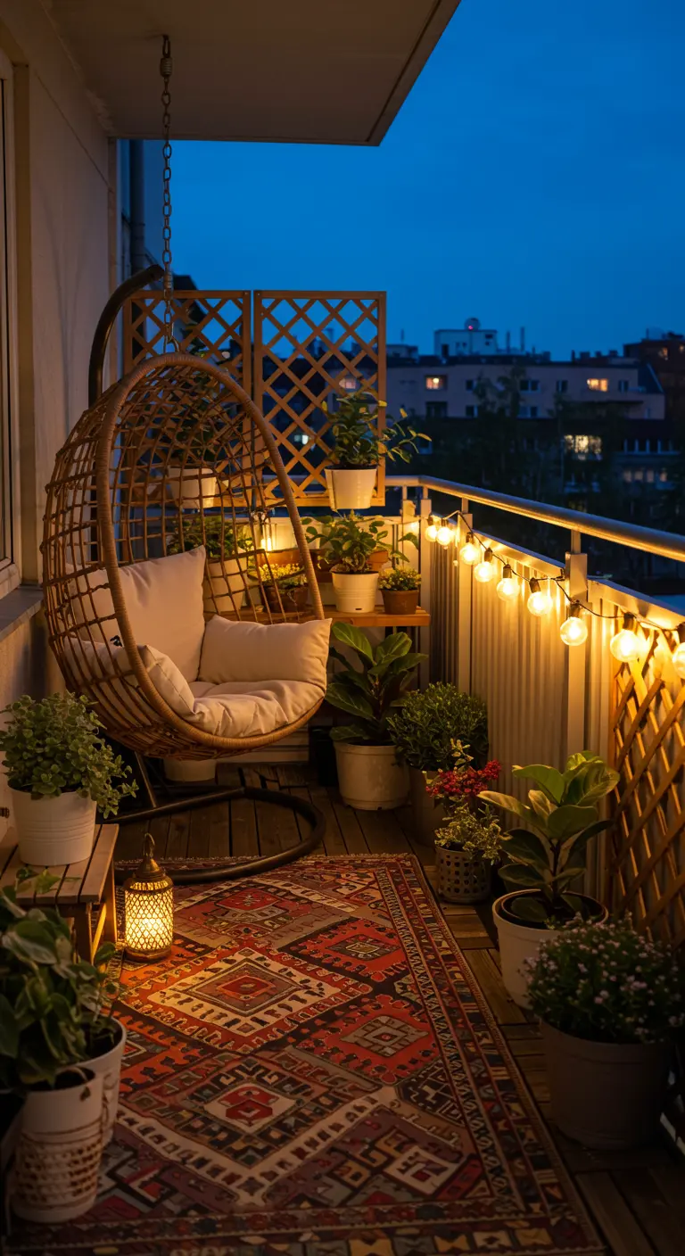 Balcón bohemio con silla colgante de mimbre, alfombra étnica y guirnaldas de luz cálida al atardecer.