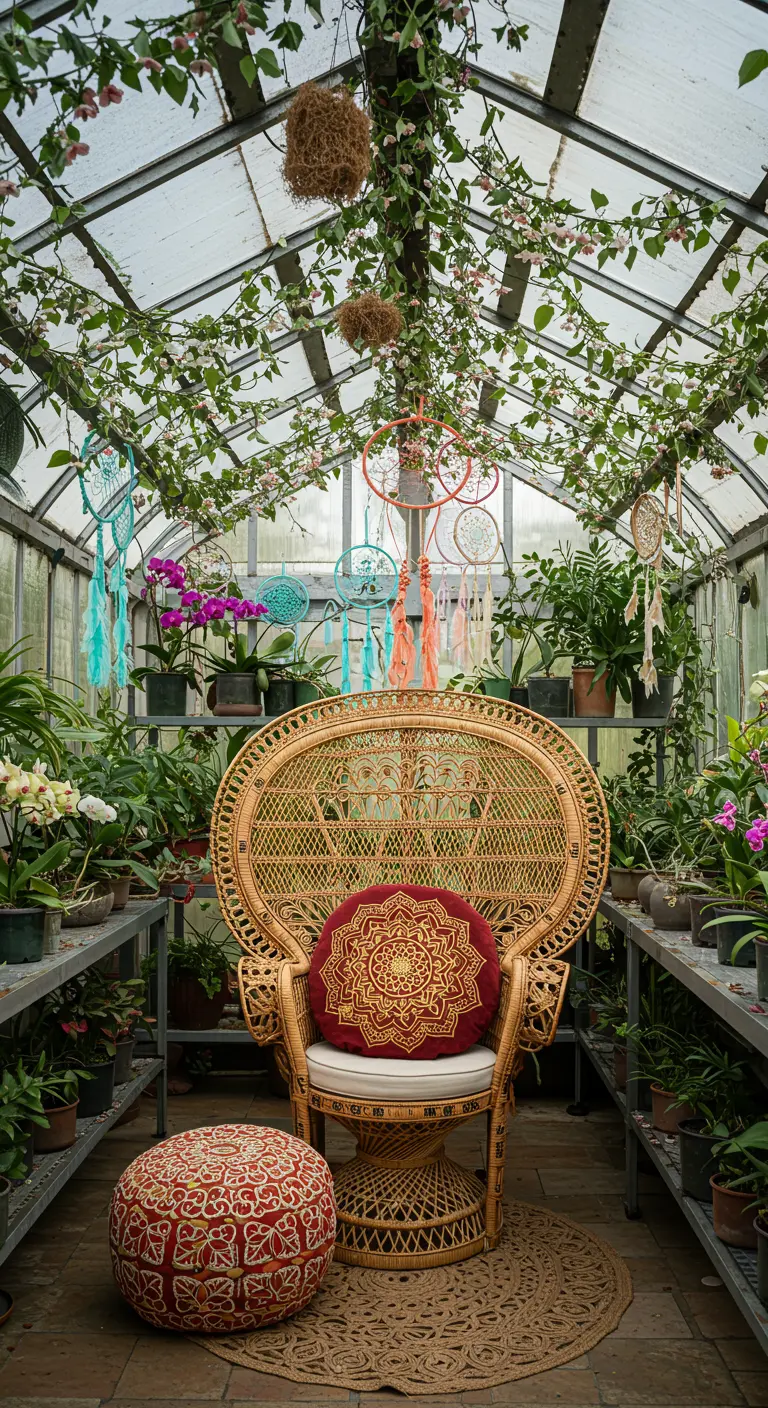 Invernadero lleno de plantas con una silla pavo real de mimbre y atrapasueños de colores colgando.
