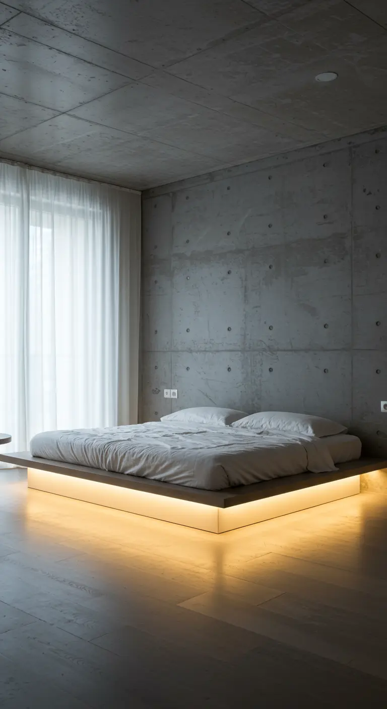 Dormitorio minimalista con paredes de hormigón y cama flotante iluminada con LED cálido.