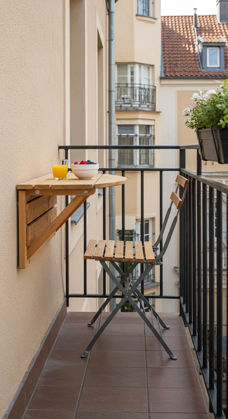 Mesa de madera abatible fijada a la pared de un balcón, ideal para ahorrar espacio.