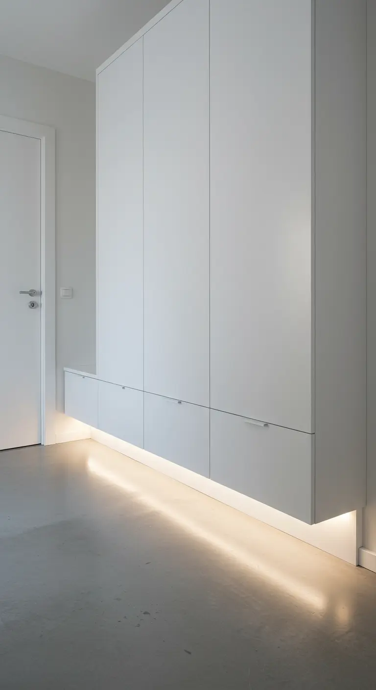 Armario de almacenamiento blanco y flotante con luz LED inferior en un pasillo minimalista.