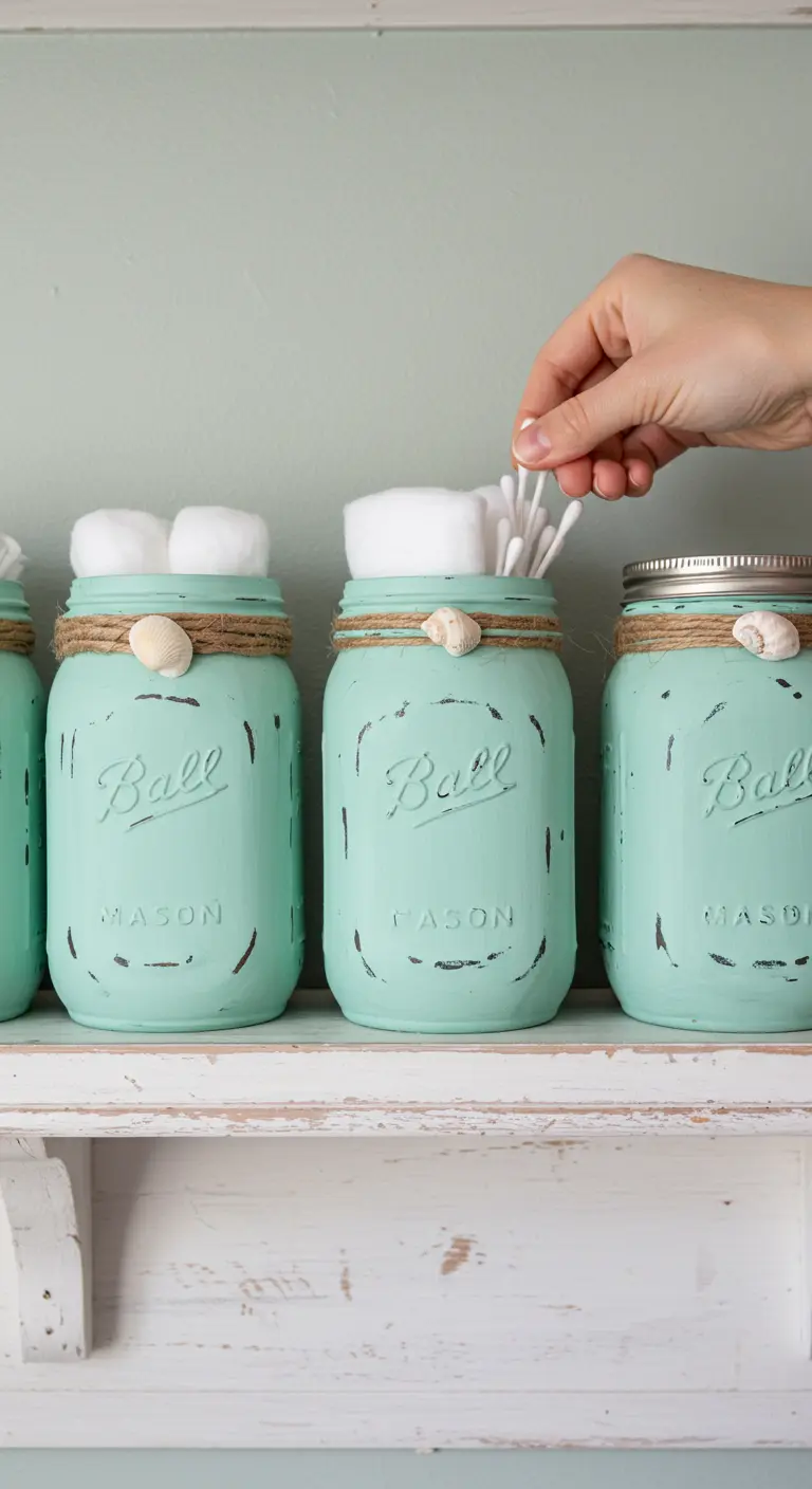 Frascos de color aguamarina con acabado desgastado, usados para guardar algodones y bastoncillos en el baño.