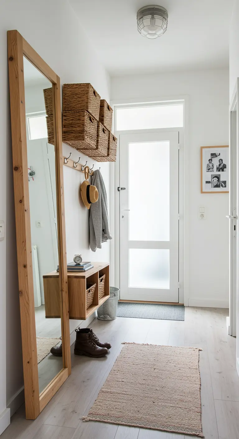 Entrada estrecha con un gran espejo de madera apoyado en la pared y mueble flotante