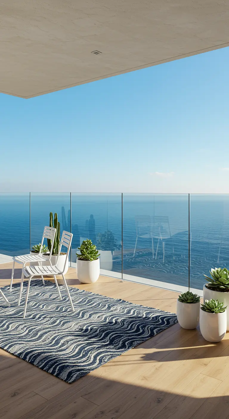 Balcón con vistas al mar, alfombra de ondas y macetas blancas con suculentas