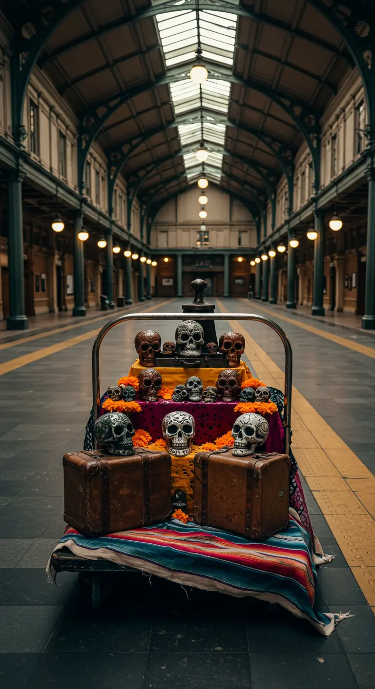 Ofrenda sobre un carrito de equipaje en una estación de tren, con maletas vintage.