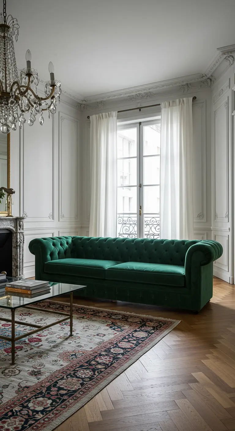 Sofá Chesterfield de terciopelo verde en una sala de estar parisina con molduras y un candelabro