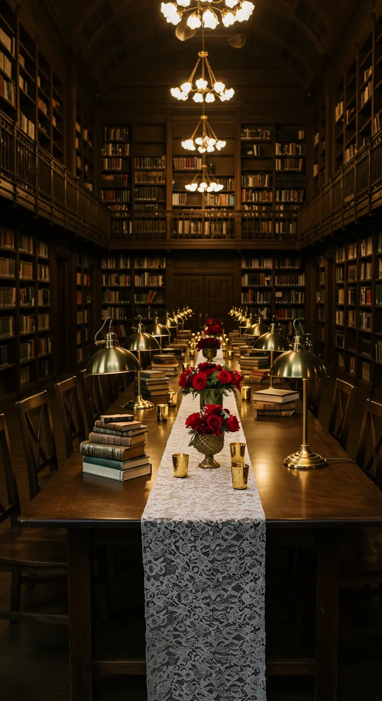 Mesa larga en una biblioteca con camino de encaje y decoración con libros.