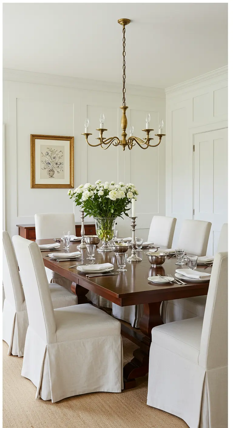 Comedor clásico y elegante con paredes paneladas, mesa de caoba y sillas con fundas de lino blanco.