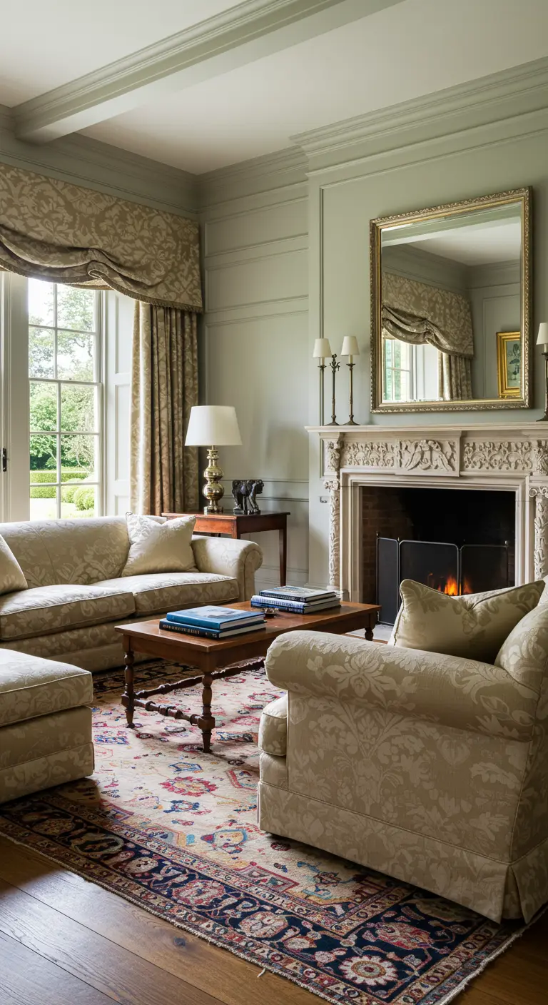 Salón tradicional elegante con chimenea ornamentada, espejo dorado y sofás clásicos.