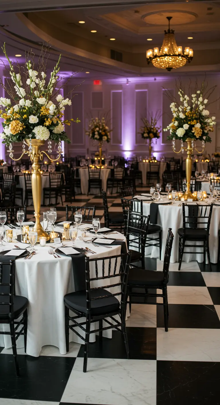 Salón de baile con suelo de damero, mesas redondas y altos centros de mesa dorados.
