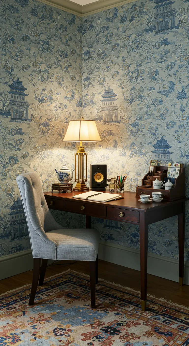 Escritorio clásico con papel pintado Chinoiserie y una lámpara de mesa tradicional.