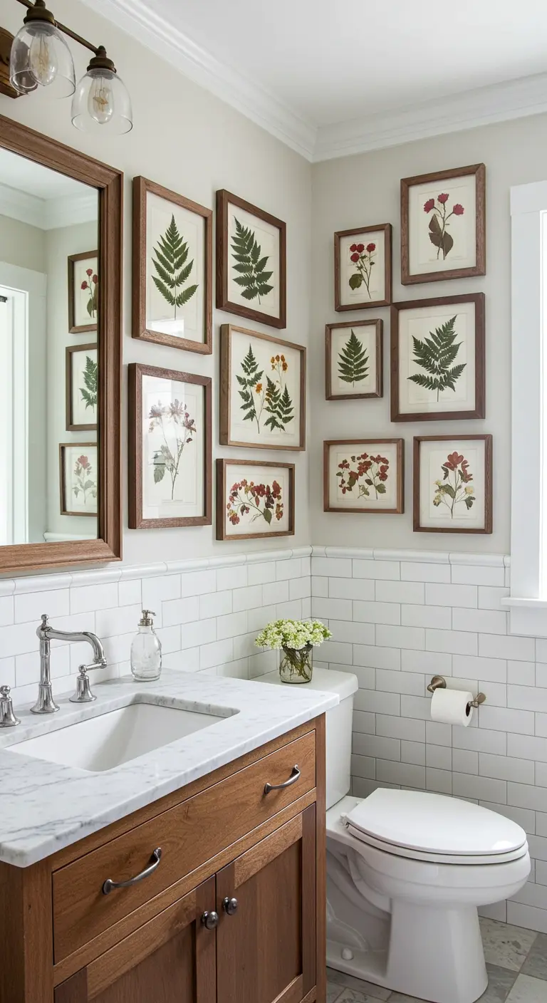 Baño con azulejos blancos tipo metro y una colección de cuadros botánicos con marcos de madera.