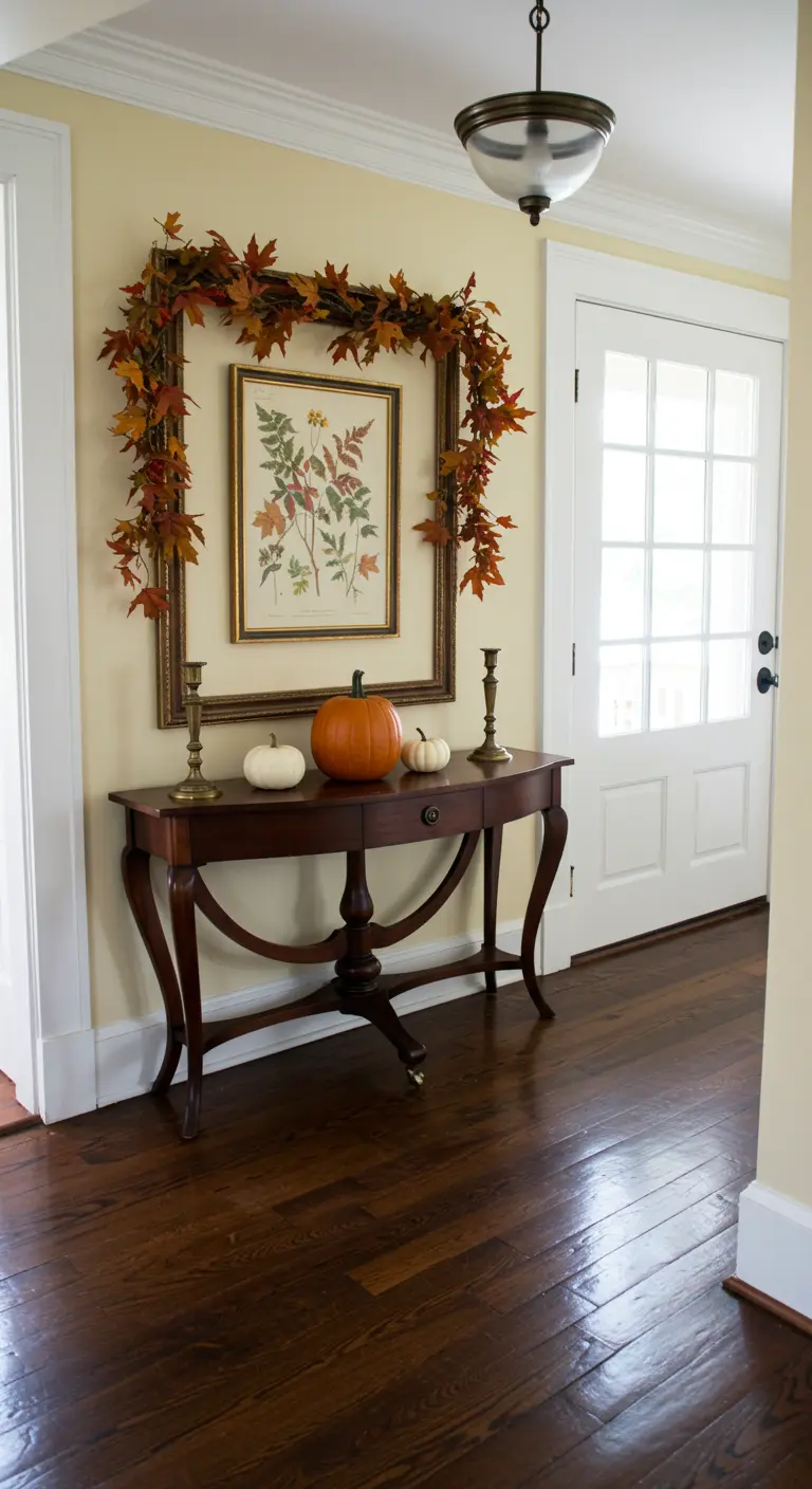 Consola de madera clásica con un cuadro enmarcado por una guirnalda de hojas de otoño y tres calabazas.