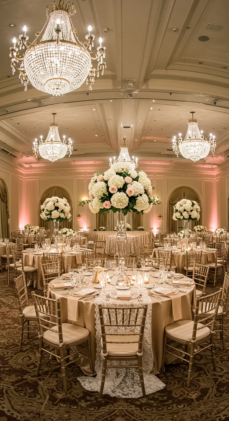 Salón de bodas con mesas redondas, camino de encaje y candelabros de cristal.