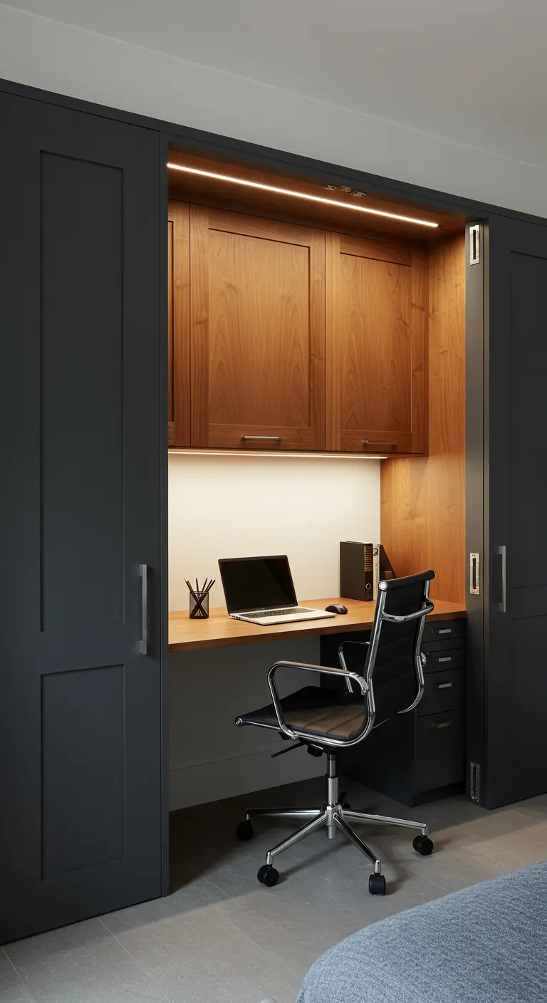 Oficina moderna oculta en un armario gris oscuro con interior de madera y puertas correderas.