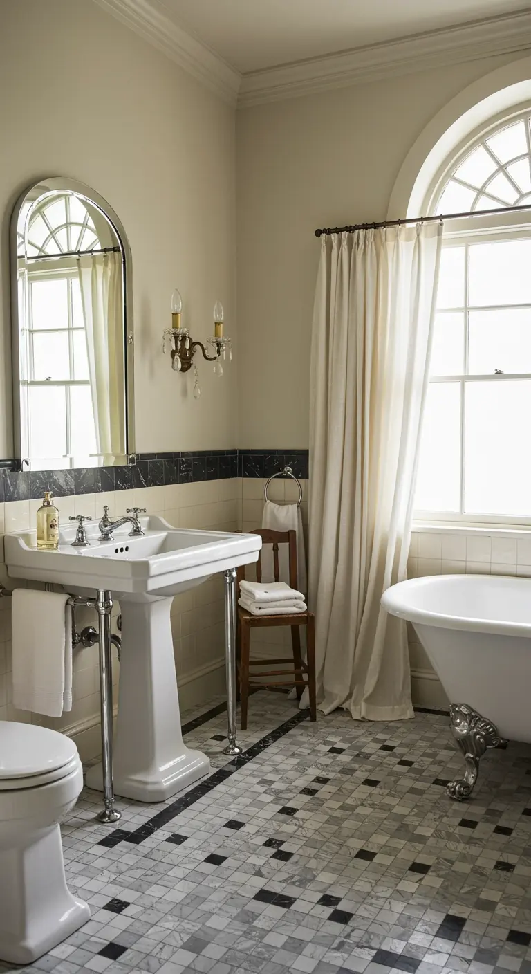 Baño clásico con lavabo de pedestal, suelo de damero y aplique de cristal.