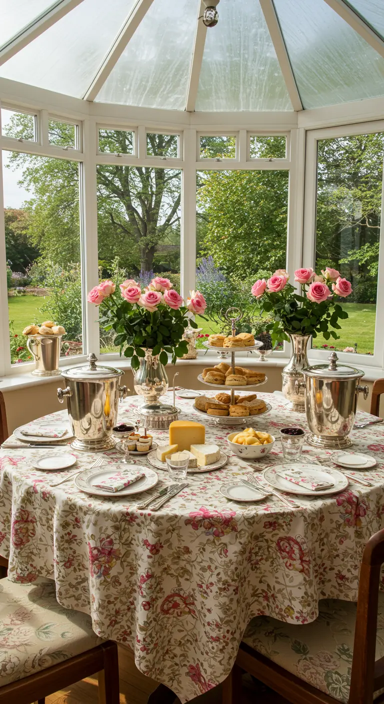 Mesa de desayuno en un invernadero con mantel floral, rosas y vajilla de plata.