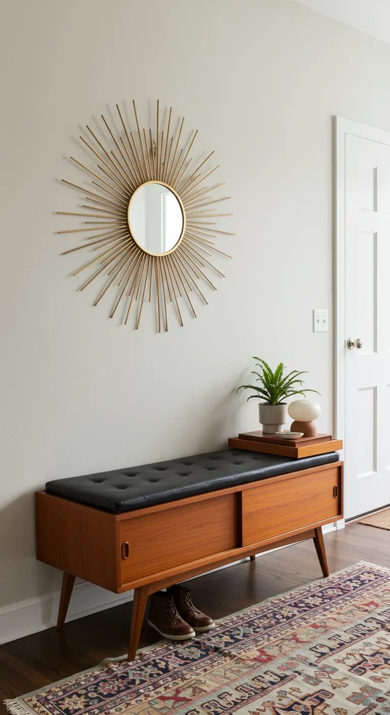 Banco de madera Mid-Century Modern con cojín de cuero y un espejo sol dorado en la pared.
