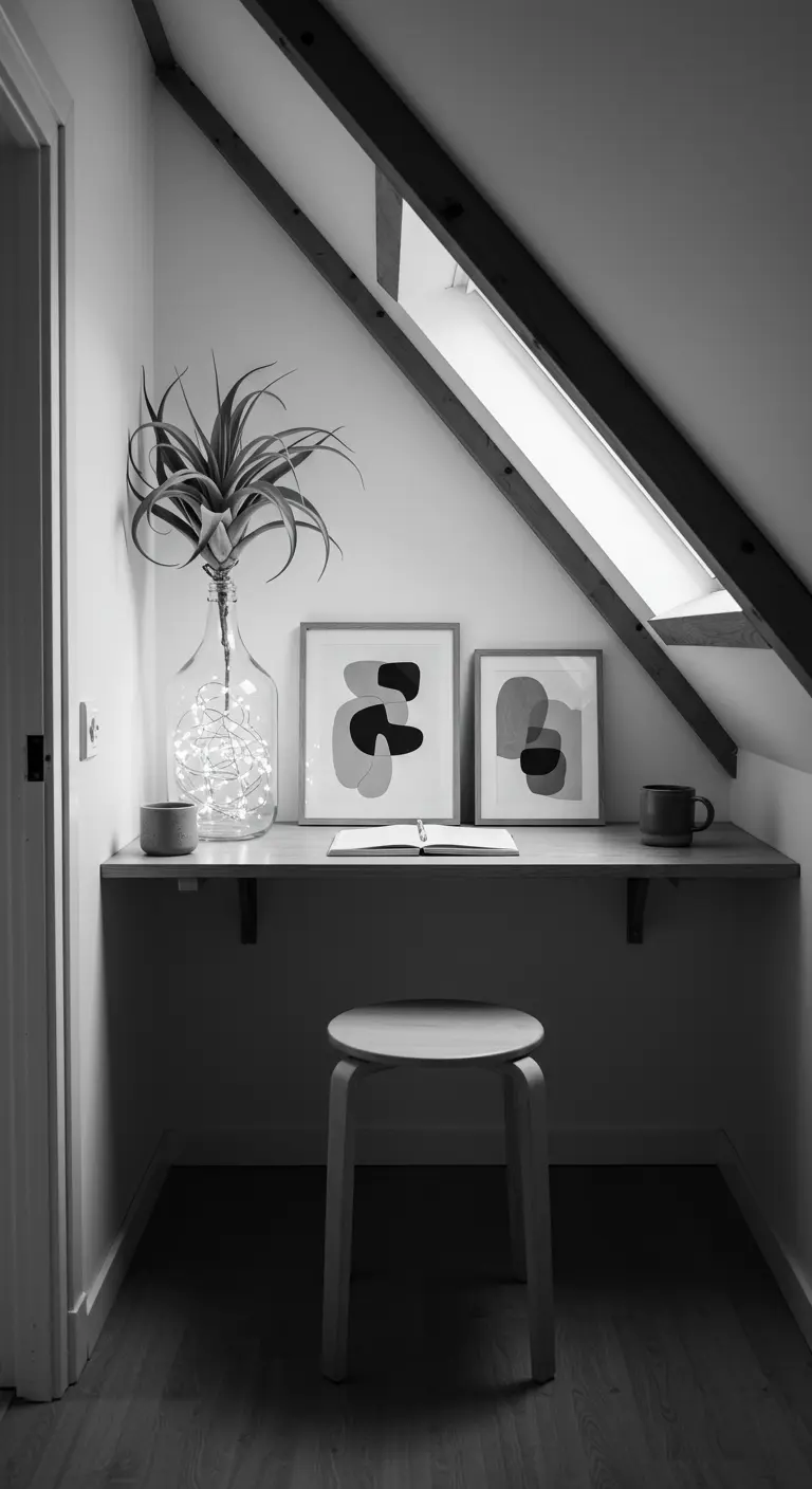 Rincón de trabajo minimalista en blanco y negro con arte abstracto y luces led en un jarrón.