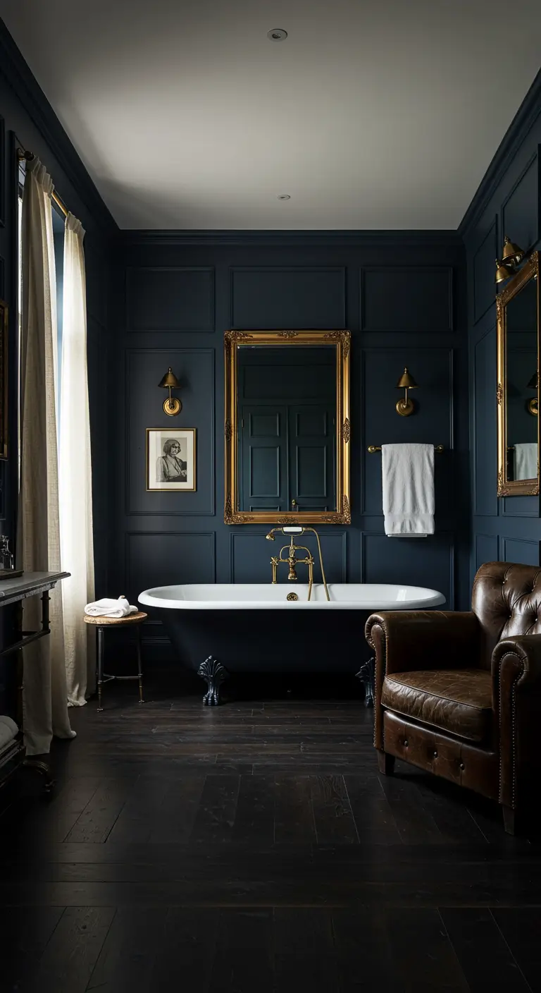 Baño oscuro y elegante con paredes paneladas, detalles dorados y un sillón de cuero.