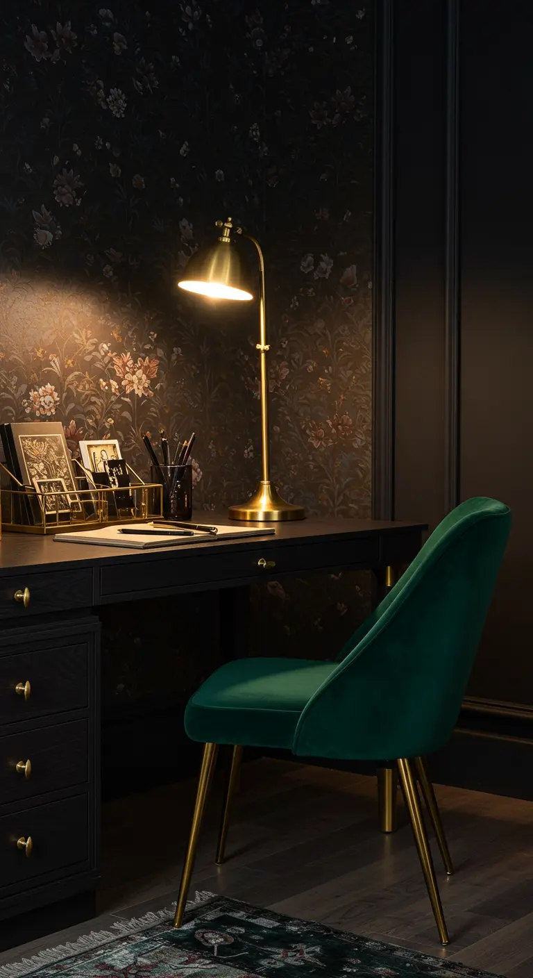 Escritorio oscuro con silla de terciopelo verde frente a una pared con papel pintado floral oscuro.