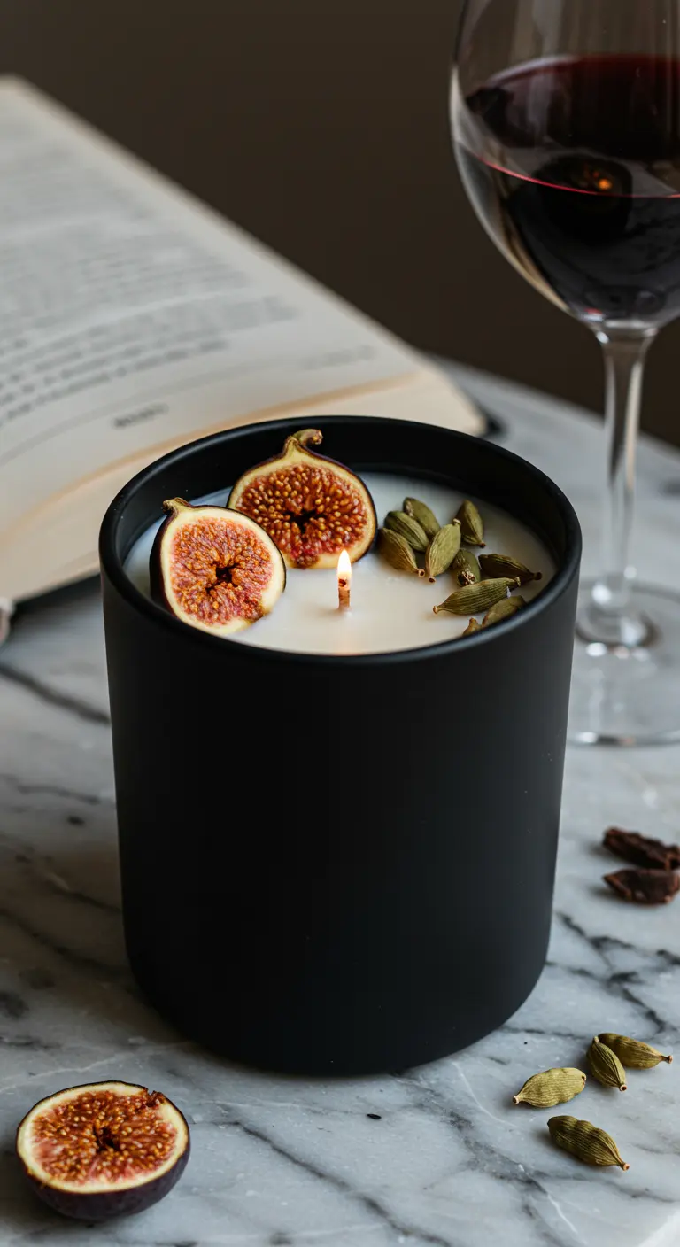 Vela de cera blanca en recipiente negro mate con higos frescos y cardamomo.