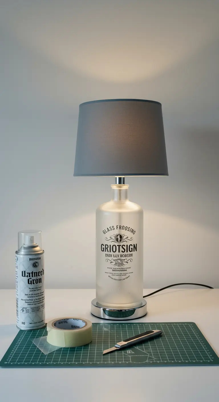 Lámpara DIY con botella de vidrio esmerilado, pantalla gris y herramientas de manualidades.