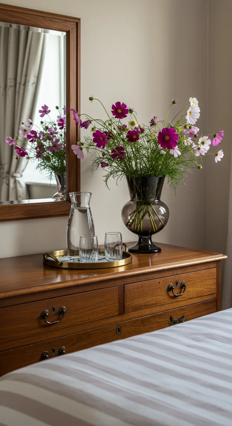 Cómoda de madera con un espejo, un jarrón de cristal oscuro con flores cosmos y una bandeja.