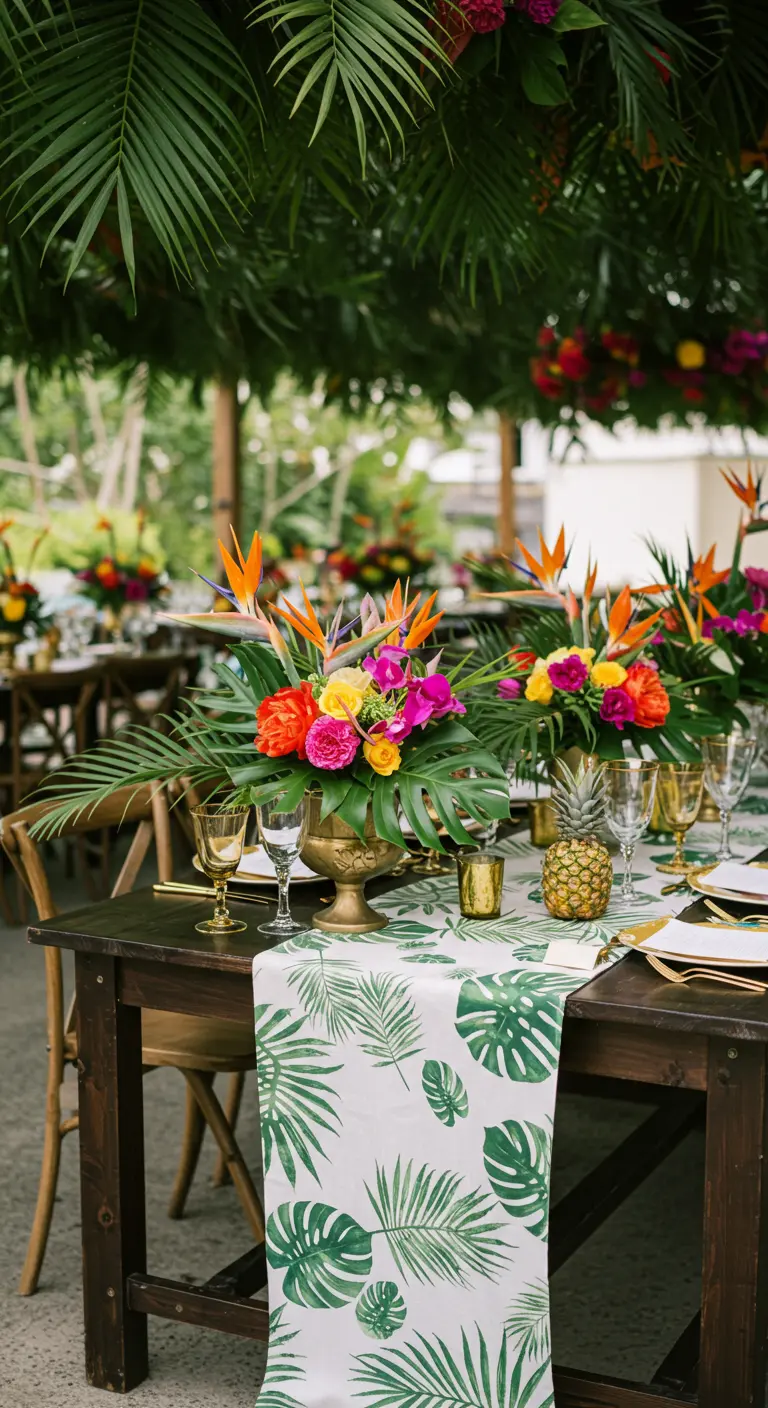 Mesa de boda tropical con camino de estampado de hojas y flores exóticas.