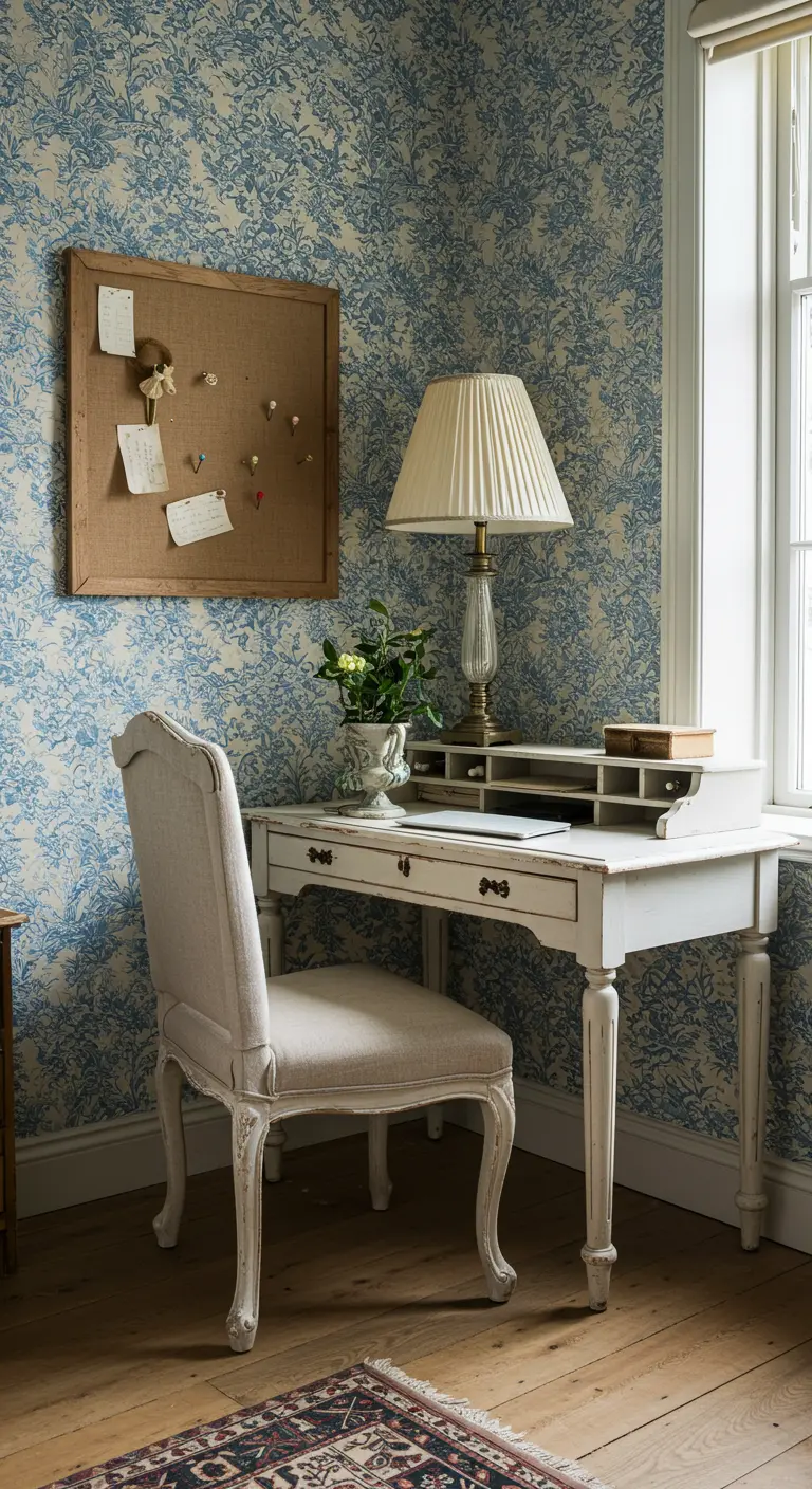 Escritorio blanco de estilo rústico con papel pintado floral azul y tablero de corcho.