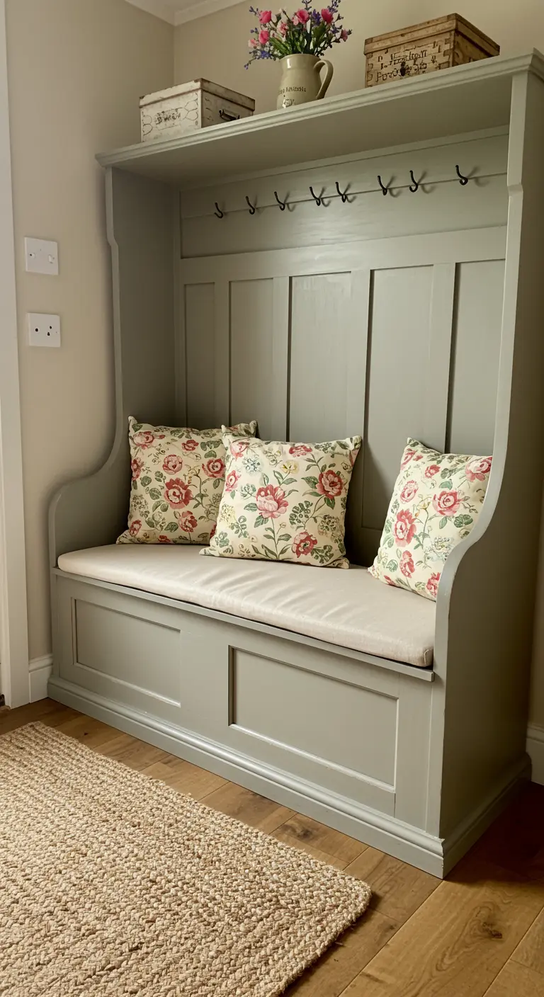 Banco de estilo cottage pintado en verde salvia con cojines florales y almacenaje inferior.