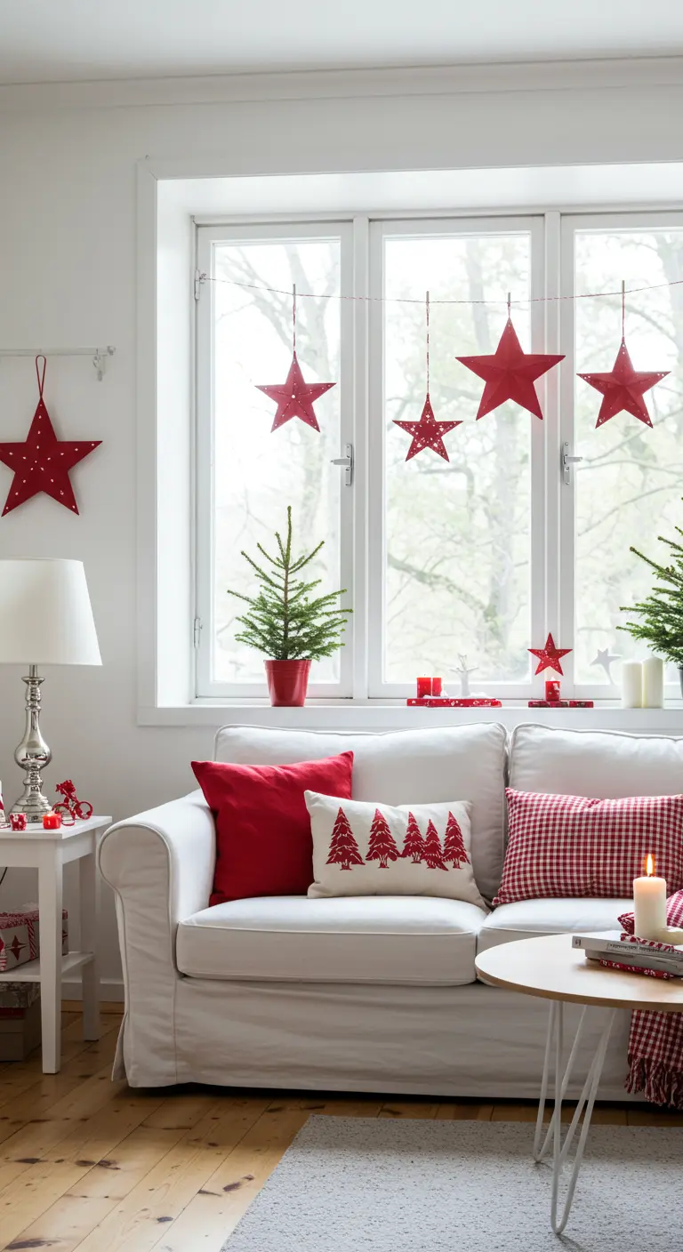 Salón luminoso de estilo escandinavo con estrellas rojas colgando en la ventana.