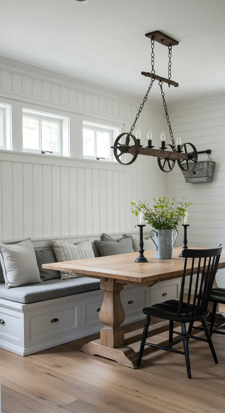 Comedor de estilo farmhouse con banco blanco con cajones y lámpara industrial de poleas