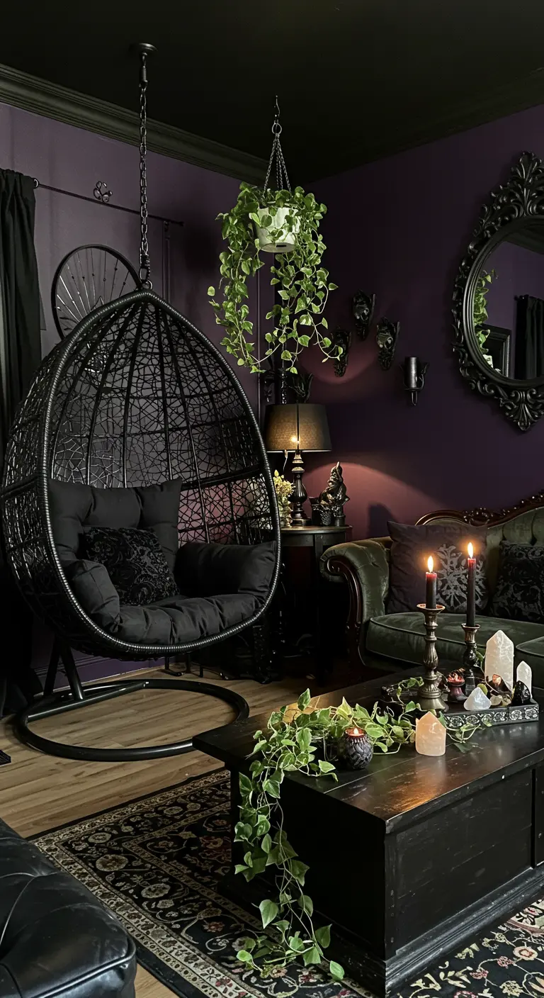 Sillón colgante negro en una sala de estar de estilo gótico con paredes moradas y velas.