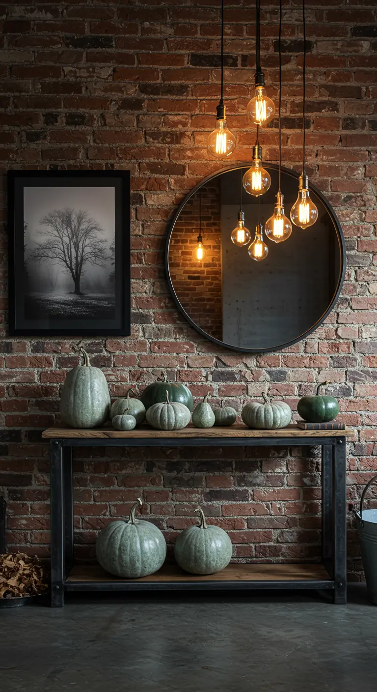 Consola industrial frente a una pared de ladrillo, con calabazas verdes y un espejo redondo.