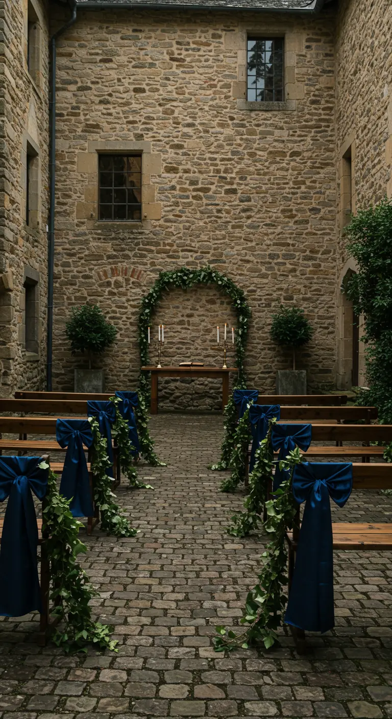 Bancos en un patio de piedra con lazos azules y guirnaldas de hiedra.