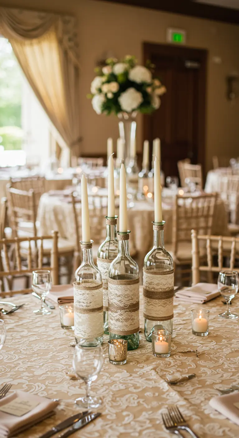 Botellas de vino transparentes decoradas con bandas de arpillera y encaje como portavelas.