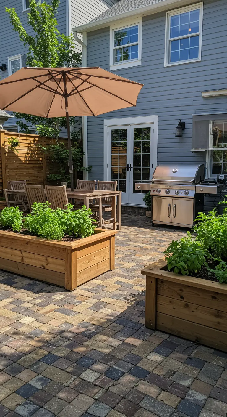 Patio con suelo de adoquines, jardineras elevadas de madera llenas de hierbas y una barbacoa.