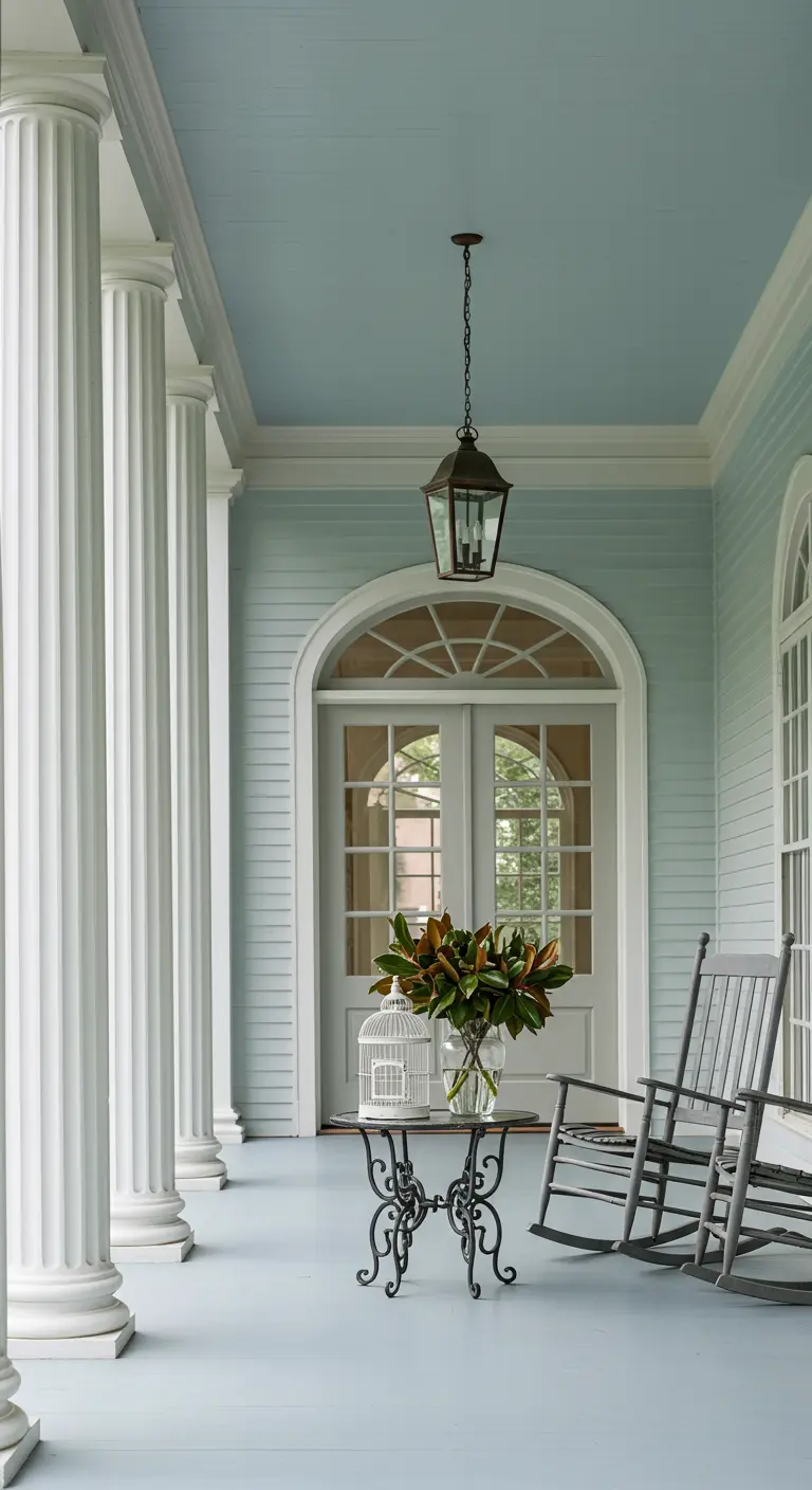Elegante porche con columnas blancas, una jaula blanca sobre una mesa y un jarrón con magnolias.