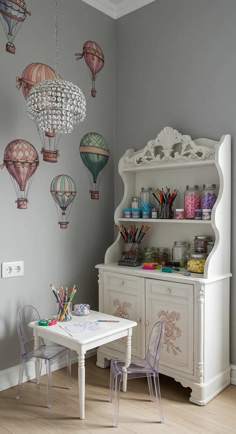 Rincón de arte infantil con un mueble aparador blanco de estilo vintage y globos en la pared.
