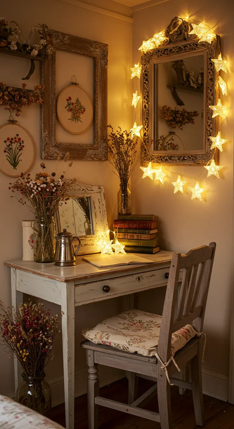 Escritorio vintage blanco decorado con luces en forma de estrella, espejos y flores secas.