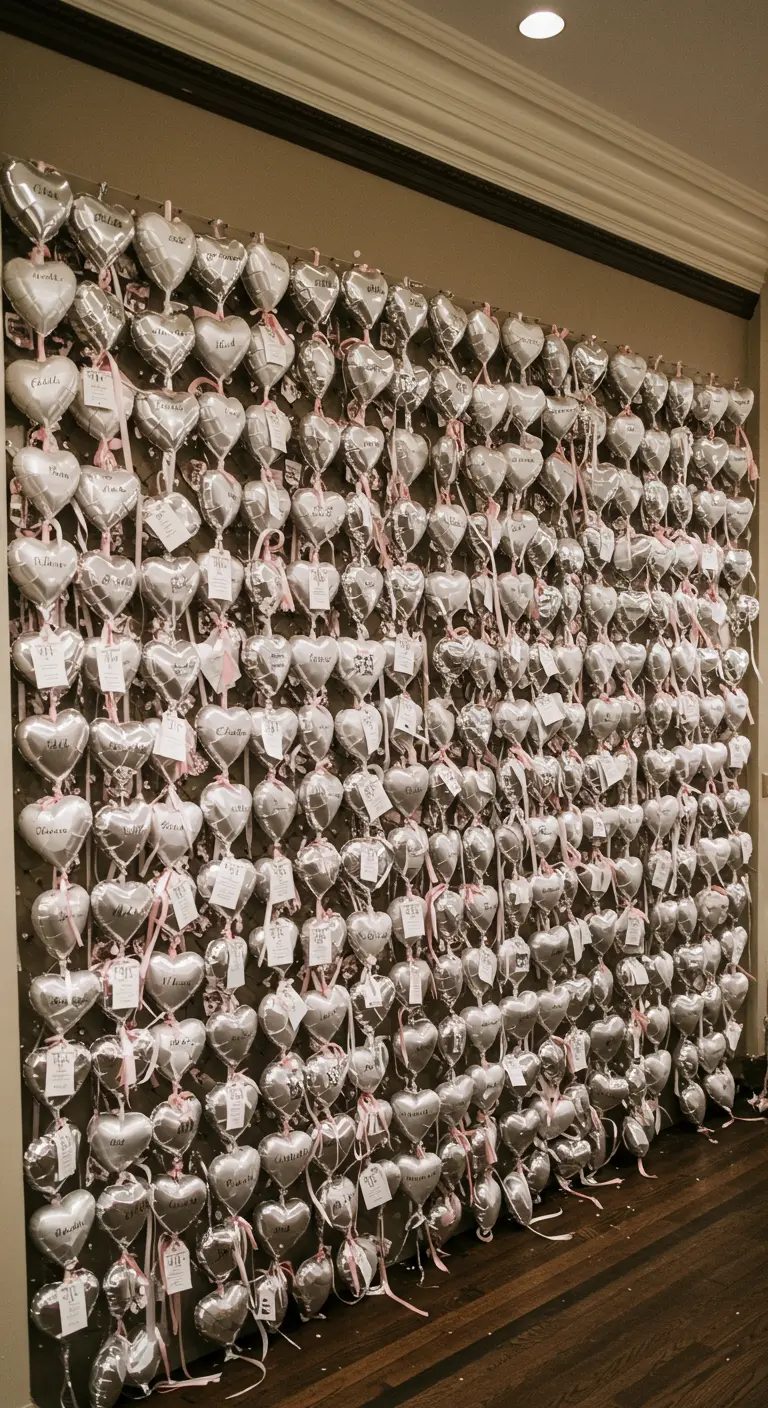 Pared cubierta de pequeños globos de corazón plateados con etiquetas de nombre.
