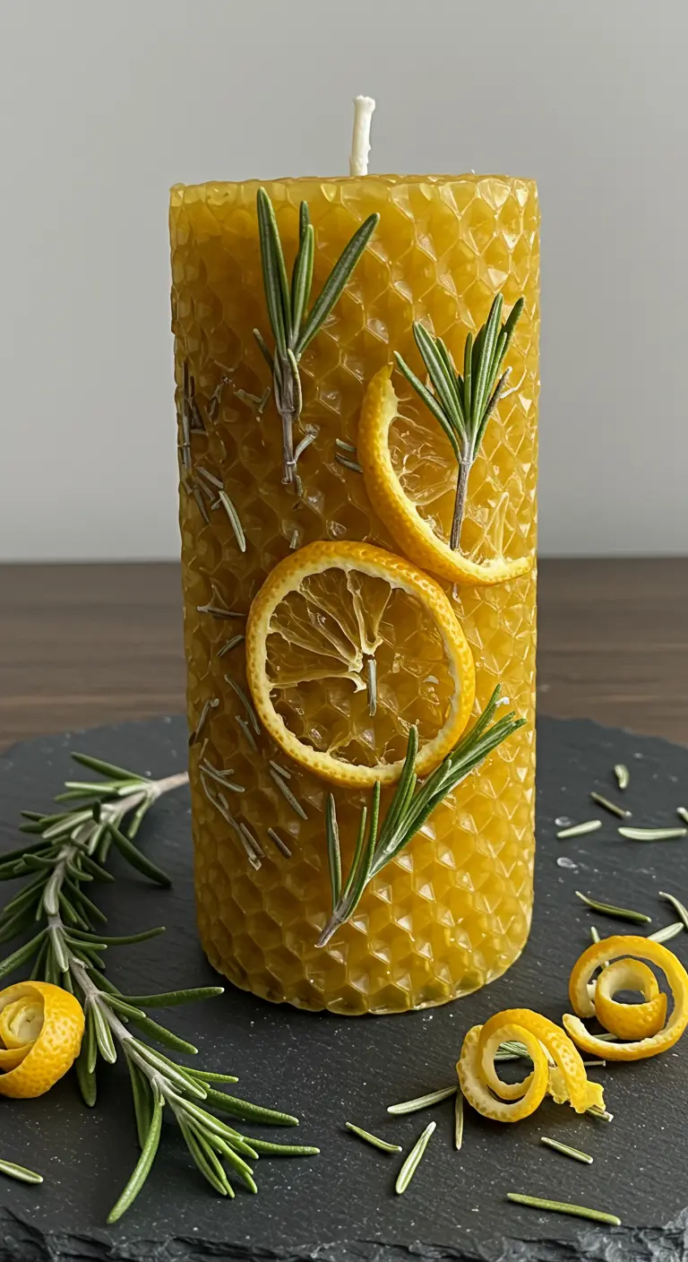 Vela cilíndrica de cera de abeja decorada con romero fresco y limón seco.