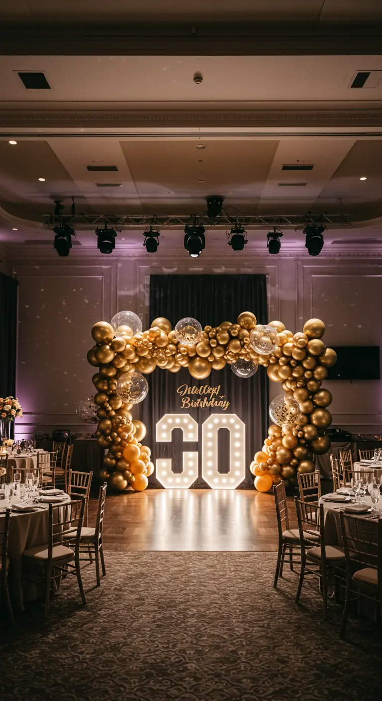 Arco de globos dorados y con confeti enmarcando un número 30 gigante con luces.