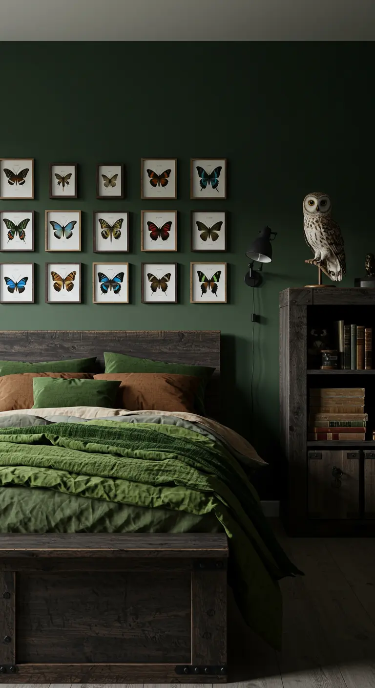 Dormitorio con pared verde oscuro, una colección de mariposas enmarcadas y ropa de cama a juego