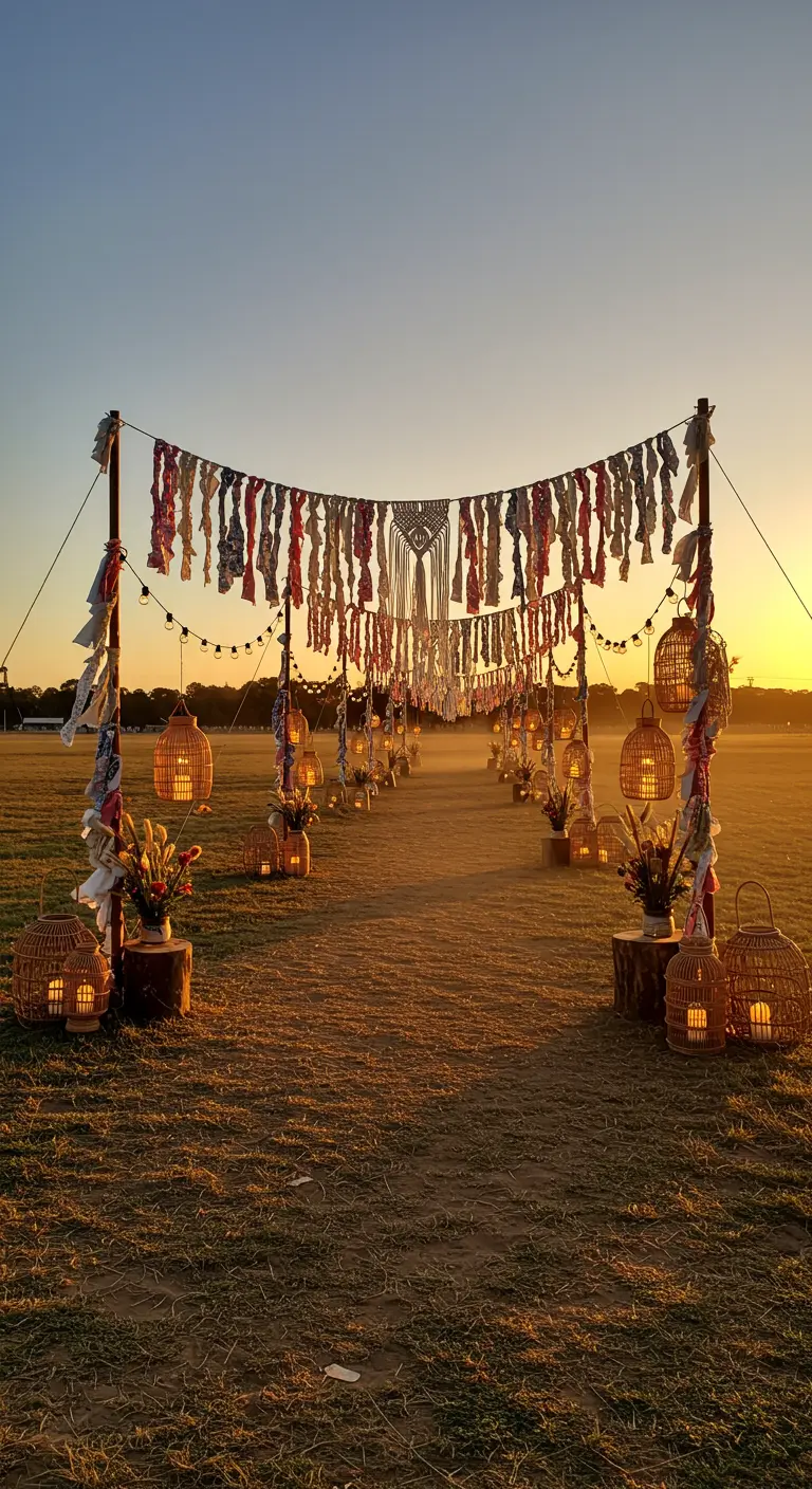 Entrada a un festival bohemio al atardecer con macramé, tiras de tela y faroles de ratán.