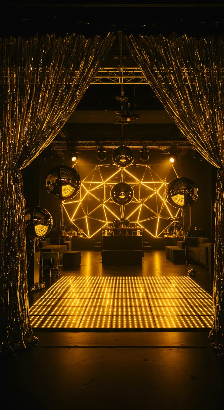 Pista de baile con fondo geométrico de luces LED doradas y cortinas de flecos.