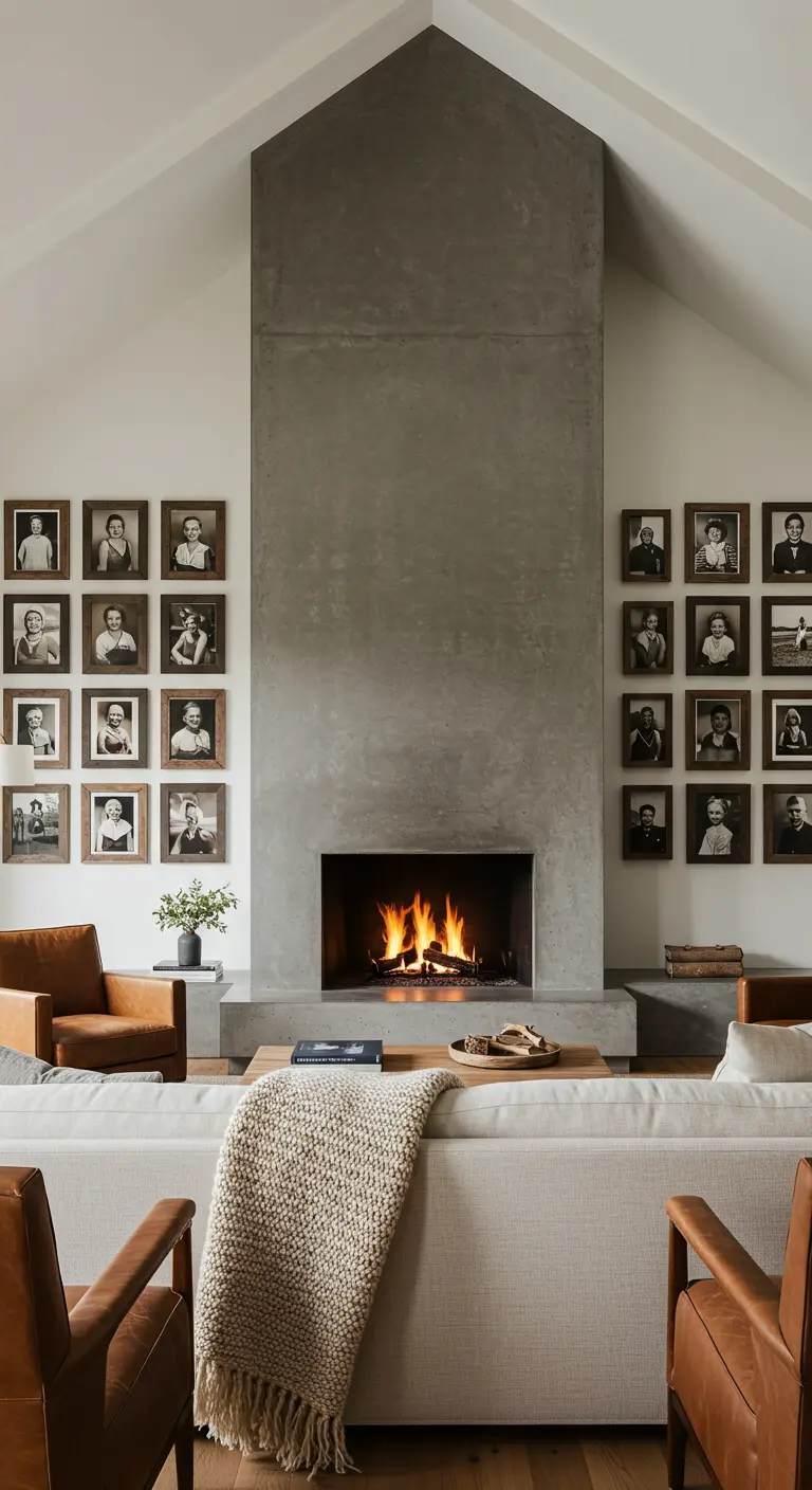 Dos cuadrículas simétricas de fotos familiares enmarcando una gran chimenea de hormigón.