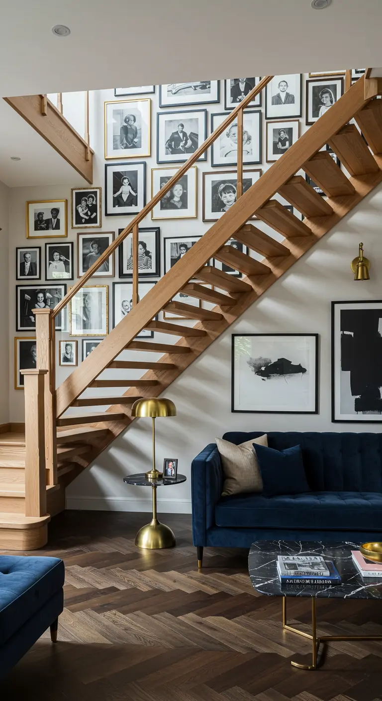 Pared de una escalera completamente cubierta con fotos familiares en marcos de diferentes estilos.