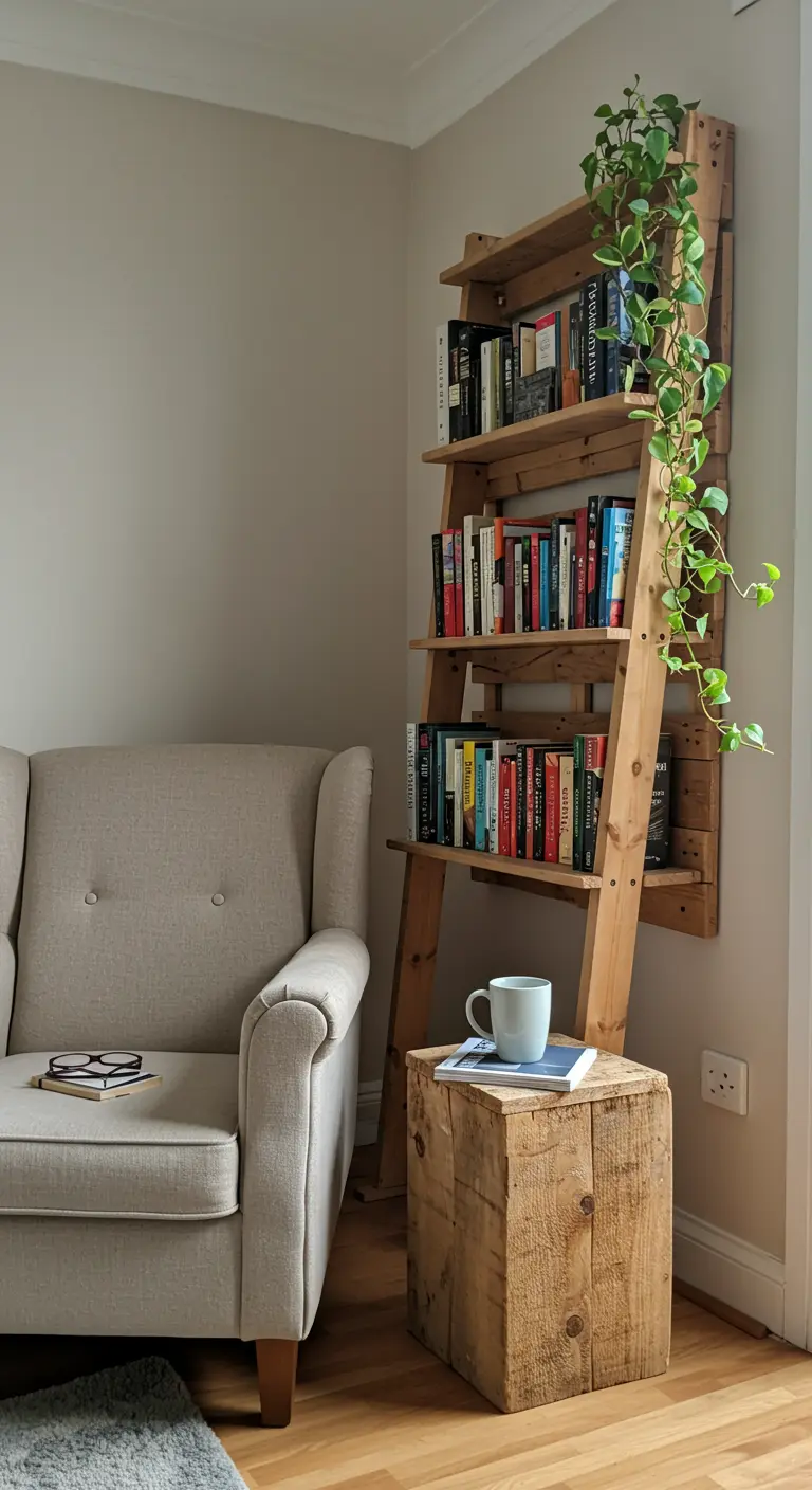 Rincón de lectura con una estantería en forma de escalera hecha de palets y un sillón.